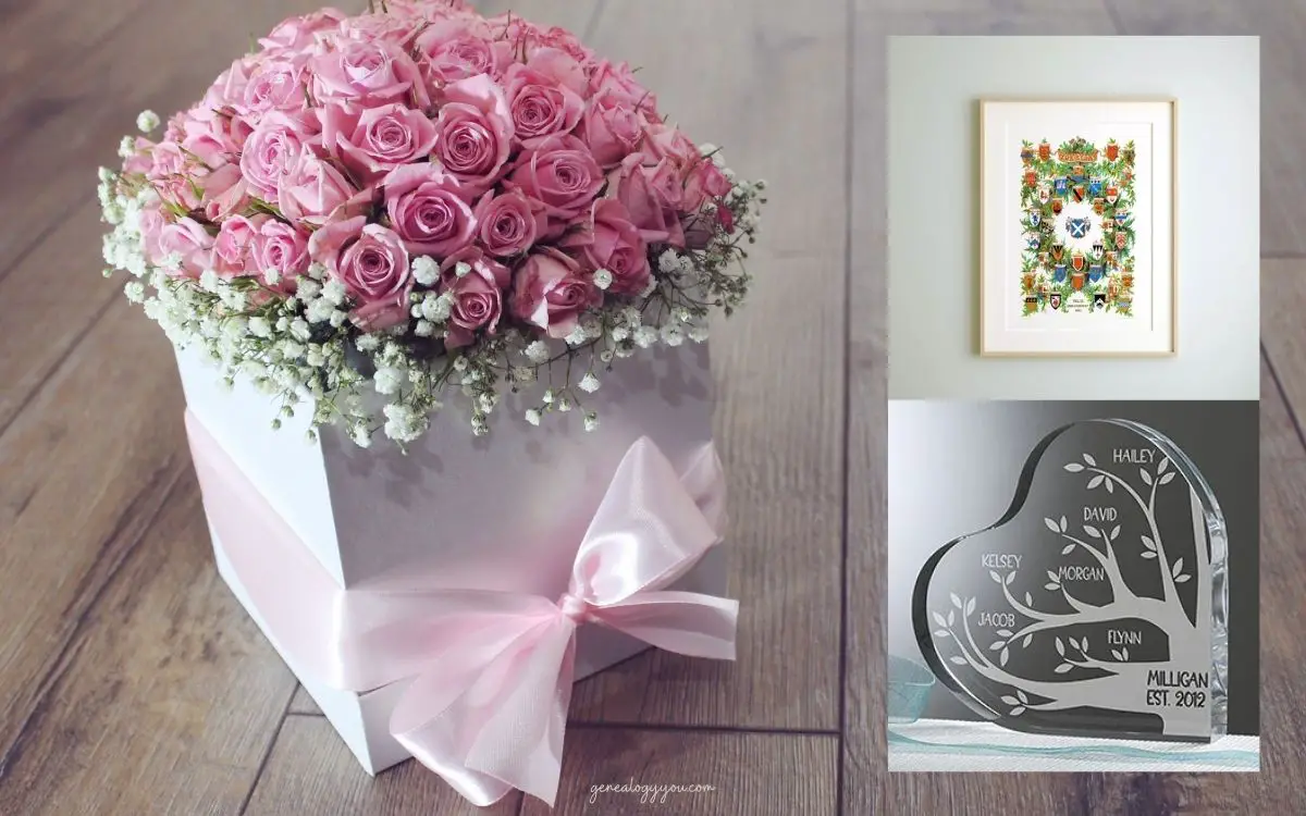 bunch of pink roses in a gift box and genealogy gifts images beside