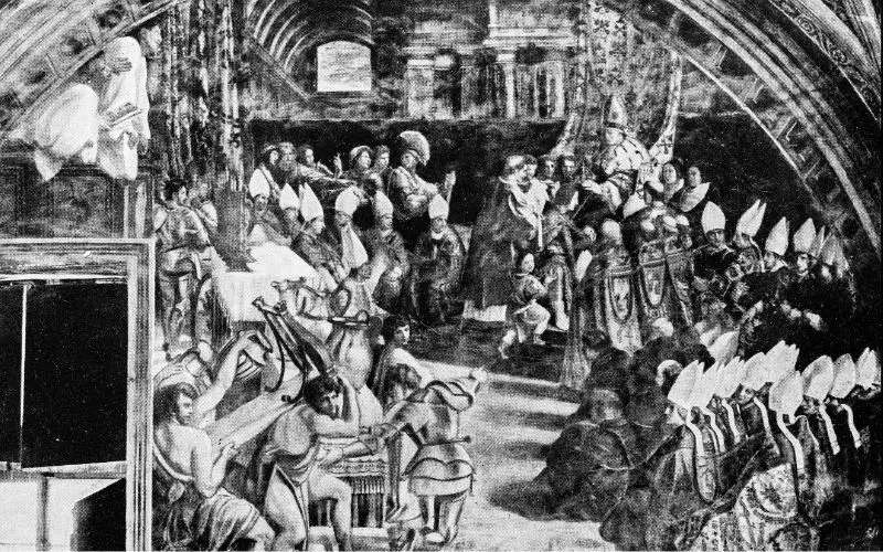 An old painting in black and white showing coronation of a king with many people inside a large room