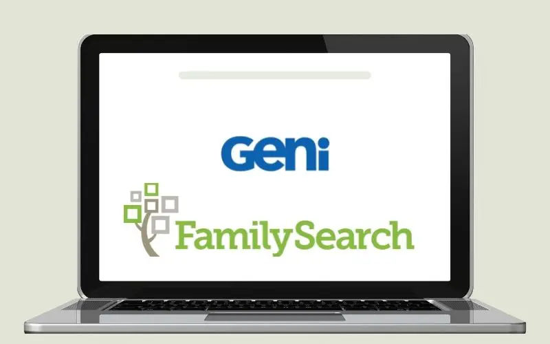 Image showing a laptop with texts that reads Geni and Family search in the monitor