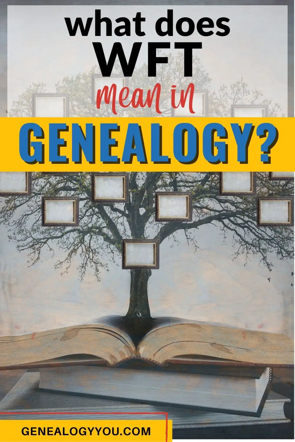 Photo showing a family tree symbol placed over opened books and text overlay that reads What Does WFT Mean In Genealogy