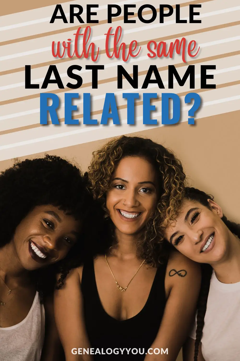 Photo of 3 smiling women with different race and text overlay that reads Are People With the Same Last Name Related 