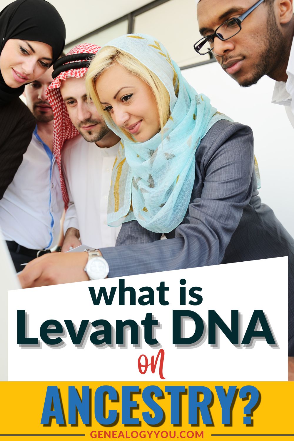 5 middle eastern looking people looking at the monitor of a laptop the woman is pointing with text overlay that reads What Is Levant DNA on Ancestry