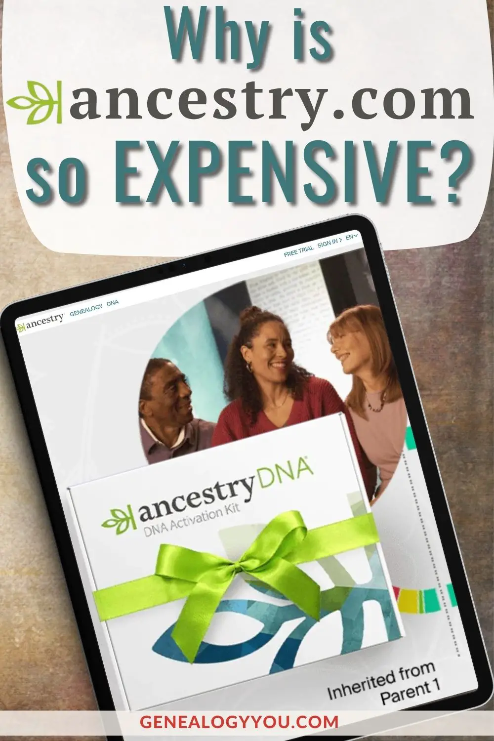 Image showing a mock up tablet with ancestry.com website and text overlay that reads Why Is Ancestry.com So Expensive